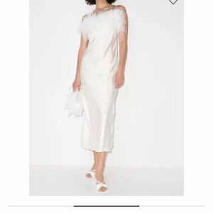 NWT Sleeper White Feather-Trim Slip Midi Dress